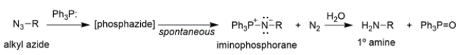 The conversion of alkyl azides into primary amines through a procedure called the Staudinger reaction is shown. The mechanism of the first part of the reaction is conceptually similar to the Wittig reaction that we've talked about, where an ylide reacts with a carbonyl to yield an oxaphosphetane, which then rearranges to an alkene and triphenylphosphine oxide. Provide an arrow pushing mechanism for the first part of the Staudinger reaction, the reaction of triphenylphosphine (TPP) and an alkyl azide to produce an iminophosphorane and nitrogen gas.