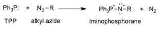 The conversion of alkyl azides into primary amines through a procedure called the Staudinger reaction is shown. The mechanism of the first part of the reaction is conceptually similar to the Wittig reaction that we've talked about, where an ylide reacts with a carbonyl to yield an oxaphosphetane, which then rearranges to an alkene and triphenylphosphine oxide. Provide an arrow pushing mechanism for the first part of the Staudinger reaction, the reaction of triphenylphosphine (TPP) and an alkyl azide to produce an iminophosphorane and nitrogen gas.