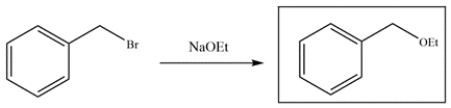 a. Bromobenzene will not react with NaOEt. Recall that vinyl halides are unreactive in either S<sub>N</sub>1 or S<sub>N</sub>2 reactions. Aryl halides can undergo nucleophilic aromatic substitution, but the benzene ring often requires an electron withdrawing group in the ortho or para position to drive the reaction. b. The starting material is benzyl bromide, so it will readily undergo S<sub>N</sub>2 substitution with ethoxide to form an ether. Since the benzyl halide is more reactive than the aryl halide, reaction b is faster.