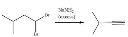 The alkyne can be formed from 1,1-dibromo-3-methylbutane. Draw a curved arrow mechanism explaining this transformation.