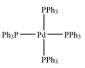 Palladium tetrakis is shown. a. Identify the oxidation state of the palladium. ________________ b. Identify the d<sup>n</sup> count (that is, the value of n): ________________ electrons. c. The total electron count around the metal is ________________ electrons.