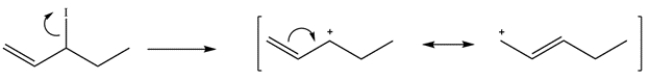 3-Iodo-1-pentene contains an allylic iodide. Loss of the iodide leaving group leaves a secondary carbocation, which has a resonance structure with a primary carbocation.    The iodide ion can attack resonance structure 1 to regenerate 3-iodo-1-pentene, or it can attack resonance structure 2 to form 1-iodo-2-pentene.    Note, the 1-iodo-2-pentene is the thermodynamic product since it is a disubstituted alkene, as compared to 3-iodo-1-pentene, which is a monosubstituted alkene.