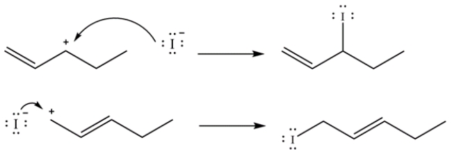 3-Iodo-1-pentene contains an allylic iodide. Loss of the iodide leaving group leaves a secondary carbocation, which has a resonance structure with a primary carbocation.    The iodide ion can attack resonance structure 1 to regenerate 3-iodo-1-pentene, or it can attack resonance structure 2 to form 1-iodo-2-pentene.    Note, the 1-iodo-2-pentene is the thermodynamic product since it is a disubstituted alkene, as compared to 3-iodo-1-pentene, which is a monosubstituted alkene.