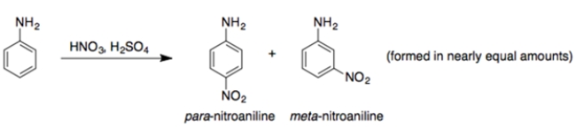 The -NH<sub>2</sub> group is an ortho/para-director. So, explain why the reaction is observed experimentally. Use structures and 15 words or less.