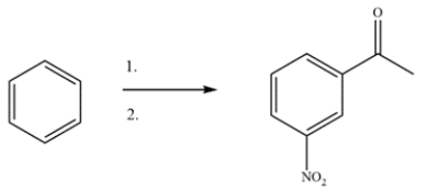 Devise a two-step synthesis to form the product from benzene. The intermediate is a substituted benzene with a <sup>1</sup>H NMR singlet at <font face=symbol></font> 2.5 ppm. Identify the intermediate.