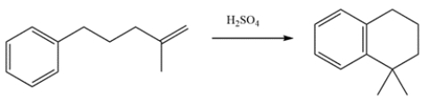 This will be an intramolecular Friedel-Crafts alkylation. The first step is protonation of the alkene by sulfuric acid to form a tertiary carbocation. The carbocation will then react with the ring, then the benzene ring will be regenerated.   