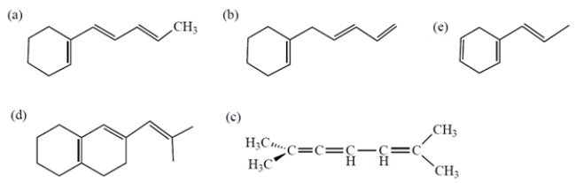 <strong>Which compound should have the greatest <font face=symbol></font><sub>max</sub> in its UV spectrum? </strong> A) compound a B) compound b C) compound c D) compound d E) compound e