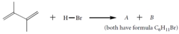 The diene reacts with HBr to give two isomers A and B (C<sub>6</sub>H<sub>11</sub>Br). a. Give the structures of A and B. b. Give the structure of the carbocation intermediate involved in this reaction. Be sure to show any relevant resonance structures. c. When compounds A and B are each treated under solvolysis conditions with acetone/water, each compound forms a mixture of the same two alcohols C and D. Give the structures of these two alcohols and explain why both are formed from each alkyl halide.