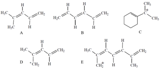 <strong>Which compound or ion has a UV/visible absorption at the greatest wavelength? </strong> A) compound A B) compound B C) compound C D) compound D E) compound E