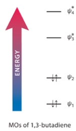 1,3-Butadiene, the simplest conjugated diene, has a UV absorption at 217 nm. (One nanometer = 10<sup>-9</sup> meter.) a. Calculate the energy of UV radiation with this wavelength (in kJ mol<sup>-1</sup>). Show your work. b. Shown is an MO electron-occupancy diagram for the <font face=symbol></font> molecular orbitals of 1,3-butadiene. Draw an arrow on this diagram that corresponds to the energy of this UV radiation.