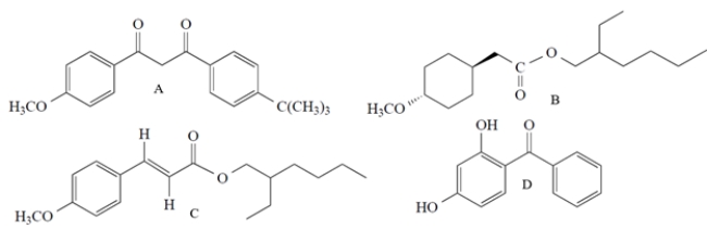 <strong>All but one of these molecules are active ingredients in commercial sunscreens. Which compound does not act as a sunscreen? </strong> A) compound A B) compound B C) compound C D) compound D