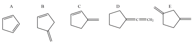 <strong>Select all structures that contain conjugated pi bonds. </strong> A) compound A B) compound B C) compound C D) compound D E) compound E