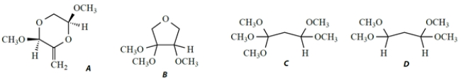<strong>A compound X has a formula C<sub>7</sub>H<sub>16</sub>O<sub>4</sub> and the following NMR spectrum, given as chemical shift (integral, splitting, coupling constant). <font face=symbol></font> 1.93 (2H, t, J = 6 Hz); <font face=symbol></font> 3.35 (12H, s); <font face=symbol></font> 4.49 (2H, t, J = 6 Hz) Which structure is consistent with this NMR spectrum? </strong> A) compound A B) compound B C) compound C D) compound D E) compound E F) compound F G) compound G