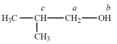 <strong>Consider how the NMR spectrum of protons a in the compound changes on the addition of a trace of acid (assume that J<sub>ab</sub> ≠ J<sub>ac</sub>): </strong> A) no change B) from a doublet of doublets to a simple doublet C) from a triplet to a singlet D) from a doublet of doublets to a triplet E) none of these choices