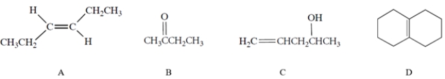 <strong>Which of the compounds would have the strongest C=C stretching absorption in its IR spectrum? </strong> A) compound A B) compound B C) compound C D) compound D