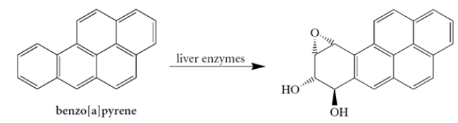 Benzo[a]pyrene is a carcinogenic polyaromatic hydrocarbon found in cigarette smoke that is converted by enzymes in the body to a diol epoxide.   This diol epoxide product can react with nucleophiles on DNA and thus promote cancer. (This is one of the main reasons that cigarette smoke is carcinogenic.) The body can neutralize this toxin by reacting it with glutathione, a thiol. Representing glutathione as R-SH, show two products that might form when glutathione reacts with the diol epoxide, including their stereochemistry. Although acids and bases for this reaction are typically provided by the enzymes that catalyze this transformation, assume that -OH is the base and H<sub>2</sub>O is the acid where acids and bases are necessary.<div style=padding-top: 35px> 