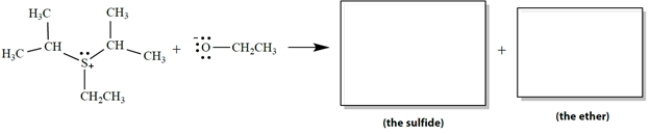 In the S<sub>N</sub>2 reaction, sulfur is the leaving atom in the leaving group. The products are a single sulfide (R-S-R´) and a single ether. a. Draw the structures of the products in the appropriate boxes. b. On the reaction, draw the curved-arrow notation for this reaction.