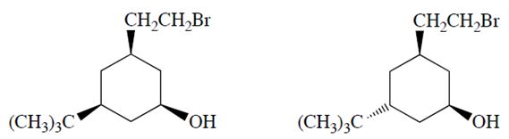 a. Only one of the two diastereomers (formula C<sub>12</sub>H<sub>23</sub>OBr) will react with NaOH to form a product X with the formula C<sub>12</sub>H<sub>22</sub>O. Identify the reactive diastereomer by circling it and labeling it with the letter A. Draw the product X in its chair conformation. b. The other diastereomer (B) reacts more slowly but eventually forms a product Y (C<sub>12</sub>H<sub>24</sub>O<sub>2</sub>). Compound Y is not an alkene. Propose a structure for Y. c. Explain why compounds A and B react differently and explain why the formation of X from A is much faster than the formation of Y from B.