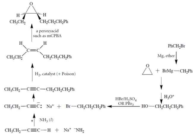 There are many variations on the synthesis (see notes below the synthesis).    At (*) several variations are possible. For example, one could let benzyl bromide react with the conjugate base of acetylene, and then elaborate that into the alcohol via hydrogenation with a poisoned catalyst and hydroboration/oxidation. Or one could treat the alkene with HBr/peroxides.