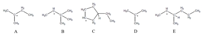 <strong>Select all the carbocations that could undergo one step of carbocation rearrangement to form a more stable carbocation. </strong> A) compound A B) compound B C) compound C D) compound D E) compound E