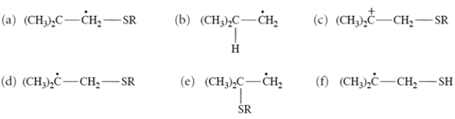 <strong>Thiols (R-S-H) undergo addition to alkenes but only in the presence of peroxides. This equation is an example. Which one of these is a reactive intermediate in this reaction? </strong> A) compound (a) B) compound (b) C) compound (c) D) compound (d) E) compound (e)f. compound (f)