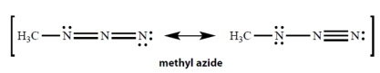 In the resonance structures for methyl azide, all unshared electron pairs are indicated. Complete the structures by adding the missing formal charges.