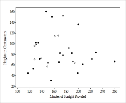 <strong>The following scatterplot shows heights (in centimeters) of Spartina alterniflora plants against the amount of sunlight they were given (in minutes). Those plants grown at sea level are represented by a closed circle and those grown on the International Space Station (ISS) (0 atmospheres) are shown with an open circle. What can we conclude from this scatterplot? </strong> A)There is a strong positive association for plants grown at sea level, but a negative association for plants grown in the ISS. B)There is a strong association for plants grown at sea level, but a positive association for plants grown in the ISS. C)There is a weak association for plants grown in both locations. D)Association cannot be assessed here because a categorical variable is involved.