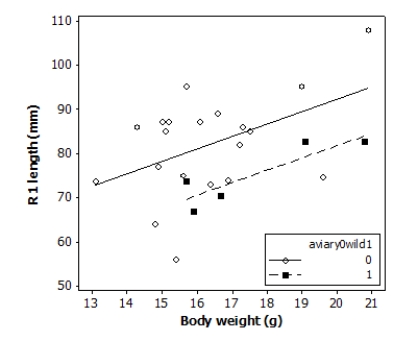 Tail-feather length is a sexually dimorphic trait in long-tailed finches; that is, the trait differs substantially for males and for females of the same species. A bird's size and environment might also influence tail-feather length. Researchers studied the relationship between tail-feather length (measuring the R1 central tail feather) and weight in a sample of 20 male long-tailed finches raised in an aviary and 5 male long-tailed finches caught in the wild. The data are displayed in the scatterplot below. The following model is proposed for predicting the length of the R1 feather from the bird's weight and origin: R1Length<sub>i</sub> = β<sub>0</sub> + β<sub>1</sub> (BodyWeight<sub>i</sub>) + β<sub>2</sub> (Aviary0Wild1<sub>i</sub>) + ε<sub>i</sub> Where the deviations ε<sub>i</sub> were assumed to be independent and Normally distributed with mean 0 and standard deviation σ . This model was fit to the sample of 25 male finches. The following results summarize the least-squares regression fit of this model: \begin{array}{l} \begin{array}{lrr} \text { Predictor } & \text { Coef } & \text { SE Coef } \\ \text { Constant } & 35.79 & 16.95 \\ \text { BodyWeight } & 2.826 & 1.030 \\ \text { Aviary0Wild1 }-10.453 & 4.996 \end{array}\\ \mathrm{S}=9.62172 \quad \mathrm{R}-\mathrm{Sq}=30.2 \% \end{array} \begin{array}{l} \text { Analysis of Variance }\\ \begin{array}{lrrr} \text { Source } & \text { DF } & \text { SS } & \text { MS } \\ \text { Regression } & 2 & 879.79 & 439.90 \\ \text { Residual Error } & 22 & 2036.71 & 92.58 \\ \text { Total } & 24 & 2916.50 & \end{array} \end{array} Given this regression model, what is an estimate of the average difference in tail-feather length between 18-g male finches either raised in an aviary or caught in the wild?