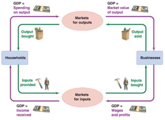 <strong>Refer to the diagram of the circular flow of income. The key lessons from this diagram are that: (i) all flows of resources are matched by flows of money. (ii) the market value of total output must be equal to total spending. (iii) total spending must equal total income. (iv) all inputs are provided by businesses. </strong> A)(i) and (iv) B)(ii) and (iii) C)(i), (ii), and (iii) D)(i), (ii), (iii), and (iv)