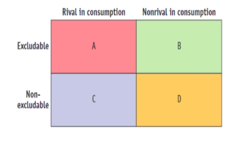 (Figure: Public Goods and Common Resources) Use Figure: Public Goods and Common Resources. The figure lists the type of goods that are available for consumption. Panel D depicts a good that is both nonrival in consumption and nonexcludable. Such a good would be considered a: