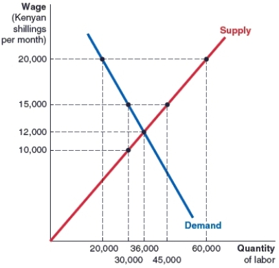 <strong>(Figure: Kenyan Labor Market) The government of Kenya implements a minimum wage of 15,000 Kenyan shillings per month. After the implementation of the wage, _____ workers are hired. </strong> A)20,000 B)36,000 C)30,000 D)45,000