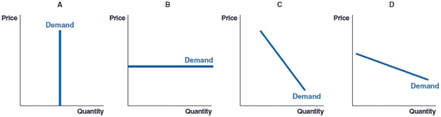 <strong>(Figure: Demand Curves) The figure shows four different demand curves for four products: A, B, C and D. Which of the products has the most elastic demand curve? </strong> A)product A B)product B C)product C D)product D