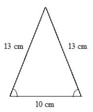 Find the perimeter and the area of the isosceles triangle below. Make sure to show your work. The drawing is not to scale. (Hint: The triangle can be cut into two congruent triangles.)  