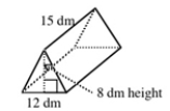 An isosceles triangular right prism has the length dimensions indicated. The base of the isosceles triangle has length 12 decimeters.    A) Find the missing lengths of the sides of the isosceles triangles. B) Draw a net for the prism, giving the dimensions. C) Give the volume and the surface area of the prism. Show your work.