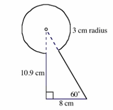 Find the approximate area and the perimeter of the shape below. The indicated point is the center of the arc.  