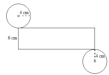 A) Sketch the three-dimensional shape that has the net shown. (The middle part is a rectangle.)    B) Name the three-dimensional shape as fully as possible. C) Give the volume and surface area of the three-dimensional shape. (Use correct units. Show your work for credit.)