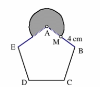 In the shape below, ABCDE is a regular pentagon, M is the midpoint of side AB, and A is the center of the circular arc. Find the area of the shaded shape and the perimeter of the entire shape.  