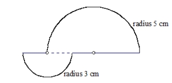 In the shape below, the curves are semicircles, with the centers and radii indicated. Find the area and the perimeter of the shape.