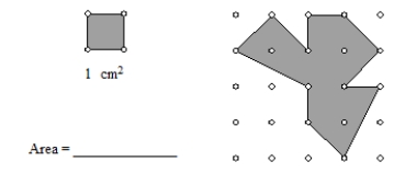 Determine the area of the shaded region on the given geoboard if the unit of measurement is one square centimeter. Use correct units.