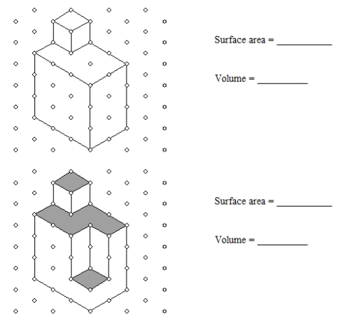 Give the surface area and the volume of each three-dimensional shape shown. Use the natural units. (Note to the instructor: You may wish to choose just one of the shapes.)