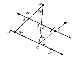 <strong>For the figure shown, with line AX parallel to line DY, find the following. For A-C use the numbered angles ONLY. </strong> A) a pair of vertical angles B) a pair of corresponding angles C) a pair of alternate interior angles D) the measure of angle 6