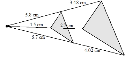 Are the two shaded triangles below similar? If so, then what is the scale factor? If not, why are they not similar?