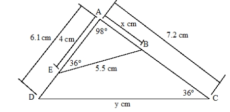 A) Explain why triangles ACD and AEB in the figure must be similar. B) Knowing that triangles ACD and AEB are similar, find x and y in the figure.