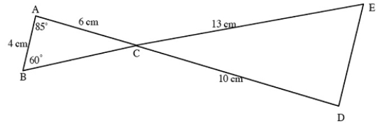 <strong>Triangle ABC is similar to triangle DEC, with E corresponding to B. If you know that AC = 6 cm in length, AB = 4 cm, CD = 10 cm, and CE = 13 cm, find the lengths of the other segments and the measures of the angles not given. Be sure to give units. </strong> A) Length of BC = _____ B) Measure of angle BCA = _____ C) Measure of angle D = _____ D) Length of DE = _____ E) Measure of angle ECD = _____ F) Measure of angle E = _____