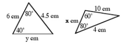 <strong>The triangles are deliberately not drawn to correct scale. </strong> A) How do you know that the two triangles are similar? B) Find x and y. (Show your work for credit.)