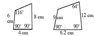 Treat the measurements in the drawing below as accurate, even though the drawings are intentionally off. Are the two quadrilaterals similar? Explain.