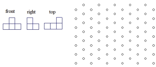 A) On isometric grid paper, sketch a three-dimensional shape with the views shown below. Interpret front to be front left and right to be front right. B) On isometric grid paper, sketch a shape congruent to the one above but from a different viewpoint.