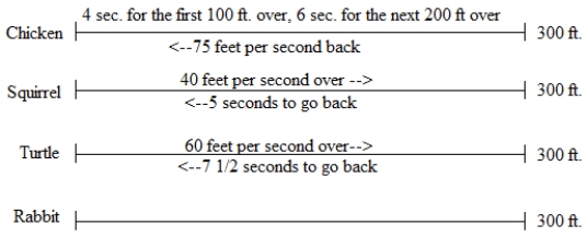 <strong>A racing chicken and a fast squirrel join Turtle and Rabbit in an over-and-back race, with known data as in the drawing below. </strong> A) Going the same speed over and back, Rabbit just barely won the race. What was Rabbit's approximate speed? Explain your thinking. B) Who came in second, third, and fourth? (Indicate ties, if any. No explanation is required.) C) At the halfway mark of the race (300 feet), what was the order of the animals? (Indicate ties, if any. No explanation is required.) D) What was Chicken's average speed over?