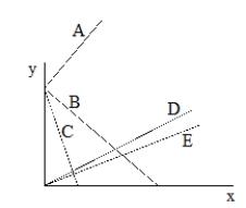  Put the letter of the line in the graph below with the equation with which it would MOST likely to belong.    ___ y = 2x + 7 ___ y = - 2x + 7 ___ y =  \frac { 22 } { 33 }  x ___ y =  \frac { 41 } { 50 }   x 