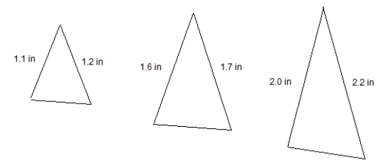 <strong>María was asked to draw an isosceles triangle (a triangle with two equal sides) as part of a homework assignment. She had a straight edge to draw straight lines but didn't have a ruler to measure the length of her sides. Thus, all she could do was eyeball the correct lengths. She decided to draw more than one triangle so that she could go to school a little early, get a ruler, measure all of her triangles, and select the best isosceles triangle to turn in to the teacher. Suppose María drew the following triangles:</strong> A) Which triangle should she select to turn in to the teacher? Why? B) Suppose María drew 20 triangles like the ones shown above but of various sizes. Once she measures the lengths of the sides, how should she go about selecting which triangle is the best isosceles triangle?